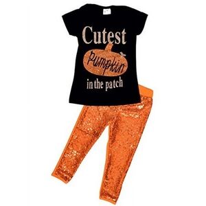 Girls Black & Orange Pumpkin Patch Matching Top & Pants Size XS